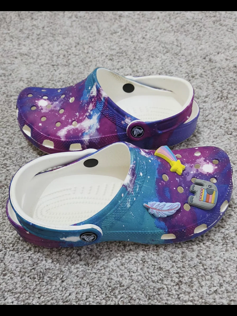 CROCS Kids Galaxy Print Clogs in Purple and Blue with Space Charms